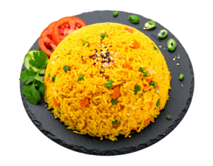 Golden mound of flavorful rice with vibrant vegetables