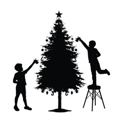 Two boys with decorating christmas tree black silhouette portrait isolated on white background vector illustration.