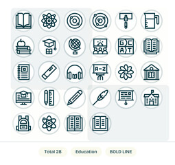Education Scalable Vector Set featuring 28 Display Perfect Bold Line Retina Ready Icons