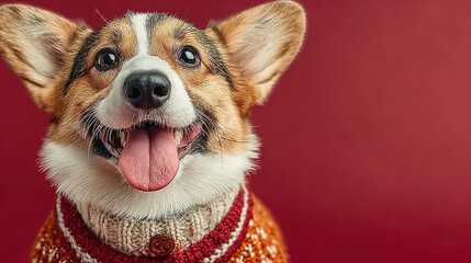 Adorable corgi in playful Santa outfit on solid red background with copy space. High-detail image for creating engaging social media content, blog posts, or heartwarming stories.