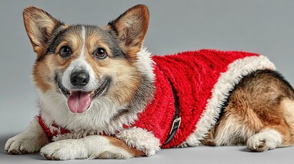 Cute corgi dog in Santa Claus costume isolated on red background with copy space. High-quality photo for Christmas advertising, pet product promotion, and holiday greeting.