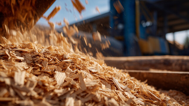 Industrial wood chip production, chips falling from a large machine into container, high-resolution detail, warm factory lighting highlighting texture and motion