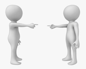 Zwei 3D Figuren zeigen mit dem Finger aufeinander, Freisteller