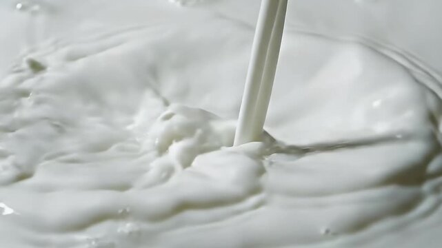A pristine, white liquid is captured in a mesmerizing slow-motion pour, gracefully impacting a pool of the same fluid. This dynamic close-up showcases vibrant splashes and intricate ripple patterns ex