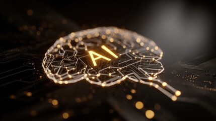 A digital representation of a brain with glowing circuits, highlighting the concept of artificial intelligence (AI) through intricate designs and luminous elements.