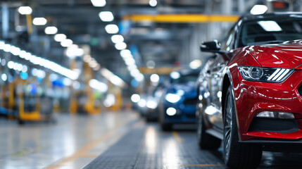 Obraz premium High-resolution image of brand-new cars aligned on a modern factory assembly line, overhead industrial lighting highlighting glossy paint and metallic surfaces