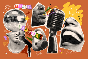 Karaoke collage. Retro music 90s party, singer sing mouth song in mic podcast pop art halftone banner microphone disco funky dj radio grunge rock concept, exact vector illustration