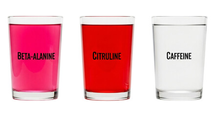 Three glasses of colorful liquid with labels betaalanine, citrulline, and caffeine isolated on transparent background