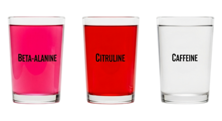 Three glasses of colorful liquid with labels betaalanine, citrulline, and caffeine isolated on transparent background