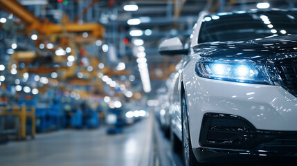 Perspective shot of a high-tech assembly line, new cars perfectly aligned, industrial lights casting reflections on smooth car surfaces, factory machinery in background