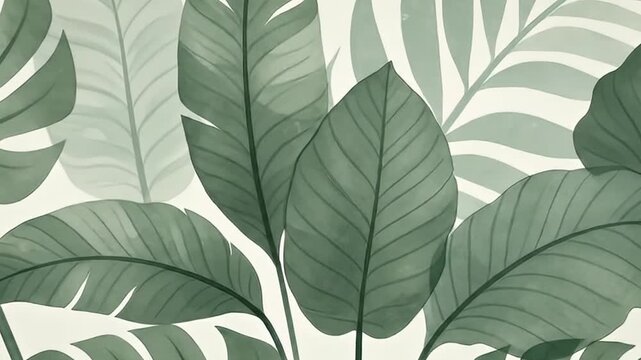 A serene and artfully rendered animation showcases a vibrant collection of tropical foliage, presented in a soothing watercolor style. Lush green leaves of various botanical shapes, including large br