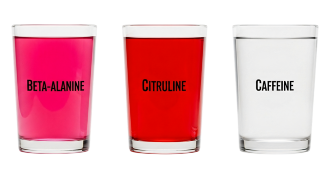 Three glasses of colorful liquid with labels betaalanine, citrulline, and caffeine isolated on transparent background