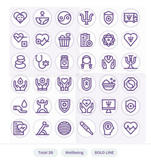 36 Vector Icons for Wellbeing featuring 64x64 PIXEL Perfect Bold Line Graphics