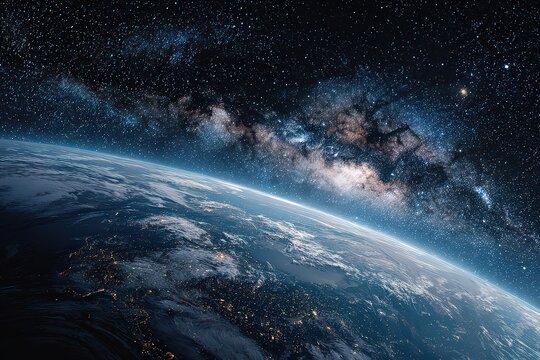 Blue Planet Earth View from Space with Galaxy and Starry Sky Landscape at Night Scifi and Futuristic Celestial View of Urban Lights at Night