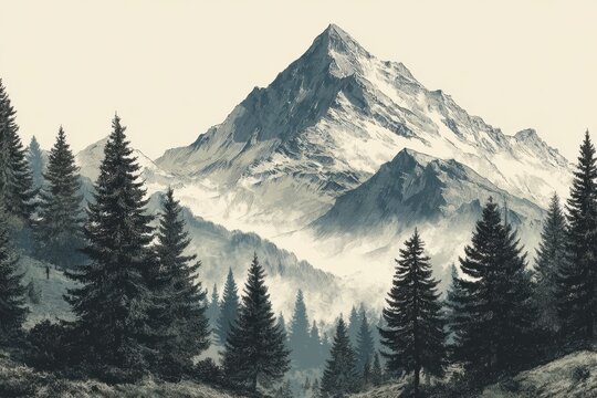 Monochromatic engraving of snow-covered mountains behind a dense forest with evergreen trees, birds flying through the sky