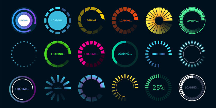 Circle loaders. Round loading bar cartoon icons, futuristic neon web download spinner animation level progress time load digital neon upgrade indicator, kicky vector illustration