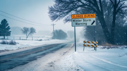 Winter storm warning sign on a snow-covered rural road with icy conditions and falling flakes during severe weather event