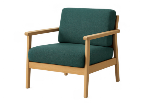 Green fabric armchair with natural wood frame, comfortable furniture for modern home living space, transparent background