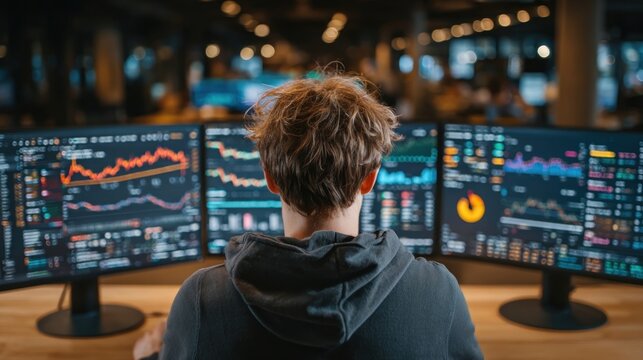 Financial data analysts using dashboards on multiple screens in an office environment