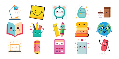 Cute kawaii school supplies characters collection with happy faces and expressive eyes