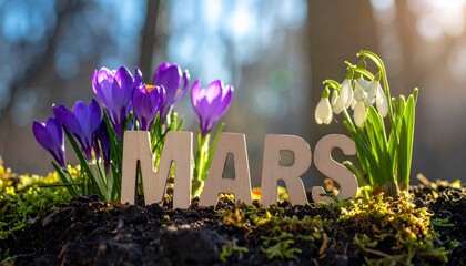 Concept de printemps Mars, mot en bois avec crocus violets et perce-neige en fleurs dans la mousse au soleil