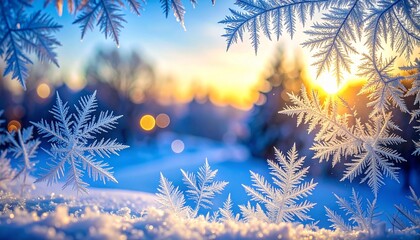 Paysage d'hiver magique encadré de cristaux de givre et de flocons de neige, avec soleil levant et bokeh