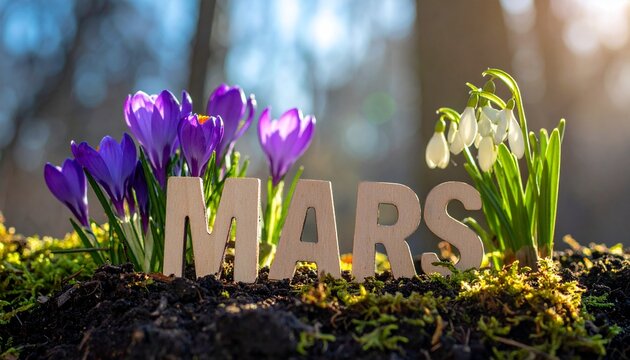 Concept de printemps Mars, mot en bois avec crocus violets et perce-neige en fleurs dans la mousse au soleil