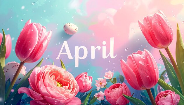 Concept printanier vibrant pour Avril, avec tulipes roses, fleurs et &oelig;uf de P&acirc;ques sur fond pastel.