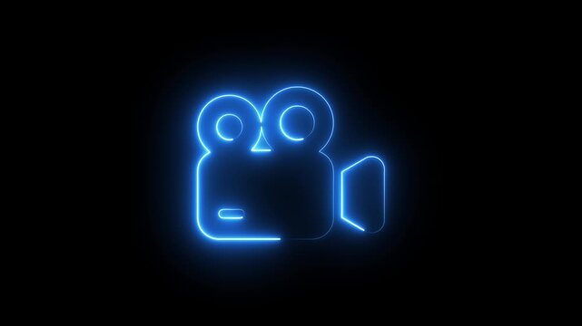 Neon Movie Camera Icon . Film Production and Media Technology Concept.