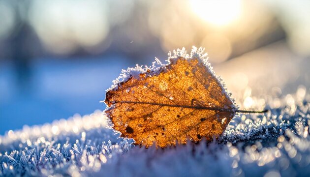 Gros plan macro d'une feuille d'automne morte couverte de givre et de cristaux de glace, au lever du soleil en hiver