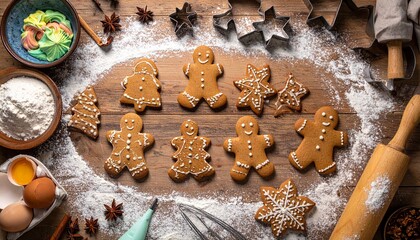 Scène de pâtisserie de Noël en flat lay, avec biscuits "bonhomme en pain d'épice", ingrédients et ustensiles sur un plan de travail en bois