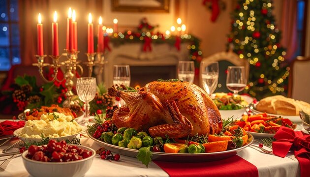 Table de banquet de No&euml;l somptueusement dress&eacute;e avec dinde r&ocirc;tie, accompagnements et d&eacute;corations festives