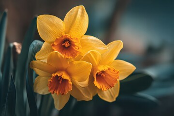 Naklejka premium Close Up of Yellow Daffodils in Full Bloom Symbolizing Spring with Orange Centers against Soft Green Background