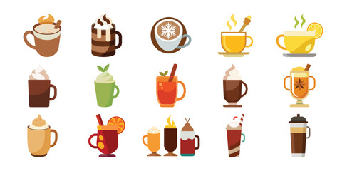 Collection of delicious hot and cold coffee and tea drinks with whipped cream and garnishes