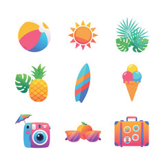 Vibrant Summer & Beach Vacation Icon Pack: Bright Vector Illustrations for Web Design and Travel Promos