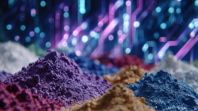 Macro shot of rare earth powders transforming into functional microchips, futuristic lab environment, neon-lit assembly lines, data center schematics in background