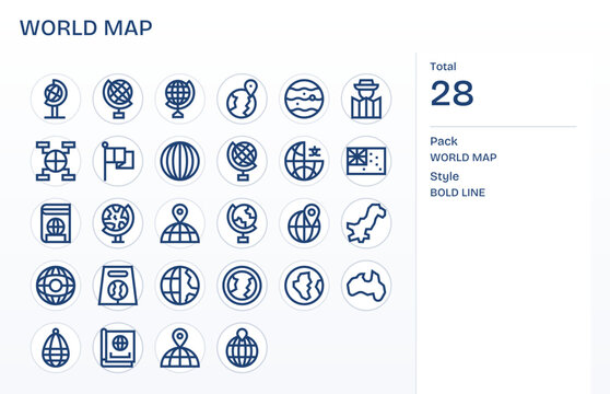World Map Comprehensive Vector Bundle with 28 Pixel Aligned Bold Line 128x128 Icons