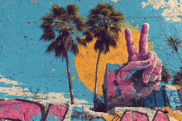 Fototapeta premium Peaceful tropical coastline with pink and green palm trees and a stylized white peace sign against a bright blue sky