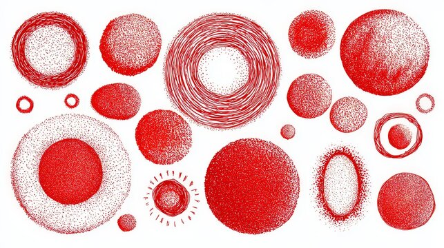 Abstract Red and White Pixelated Circle Patterns on White Background
