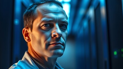 A technical specialist focuses intently with soft blue server room lighting.