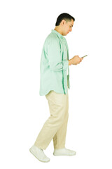 Man walking, scrolling smartphone on white background