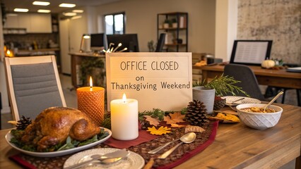Thanksgiving dinner spread on an office desk with a closed sign, symbolizing holiday break and corporate celebration