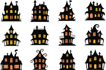 Collection of spooky halloween haunted houses with glowing windows and silhouetted architecture against a white background for festive decorations and eerie ambiance