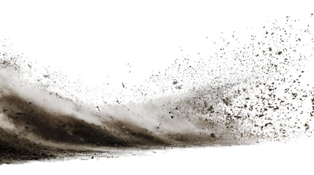 A swirling cloud of dust and particles creates an abstract dynamic scene, capturing movement and texture in a dark environment.