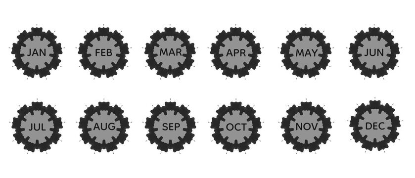 set of Abstract graphic illustration showing black and Gray splash circular shapes with month abbreviations such as JAN To DEC On Transparent background