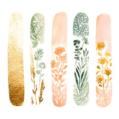 Watercolor botanical illustration with gold accents featuring floral and leaf elements in pastel hues Artistic design for backgrounds, invitations, and decorative projects