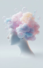 Profile of Woman Head with Pastel Cloud Mass and Floating Bubbles