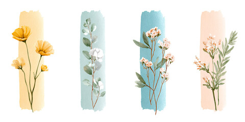 Watercolor floral brush strokes with yellow, white, and pink flowers and green leaves Botanical illustration for wedding invitation, greeting card, or spring design