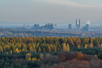 Aerial drone view of Industrial steel factory, iron works. Metallurgical plant. steelworks. Heavy industry in Europe, Poland, Dabrowa Gornicza. Air pollution from chimneys. Ecology and environmental