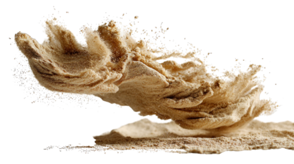 A dynamic display of a hand releasing a burst of fine sand, showcasing the fluidity and texture of the particles in mid-air.
